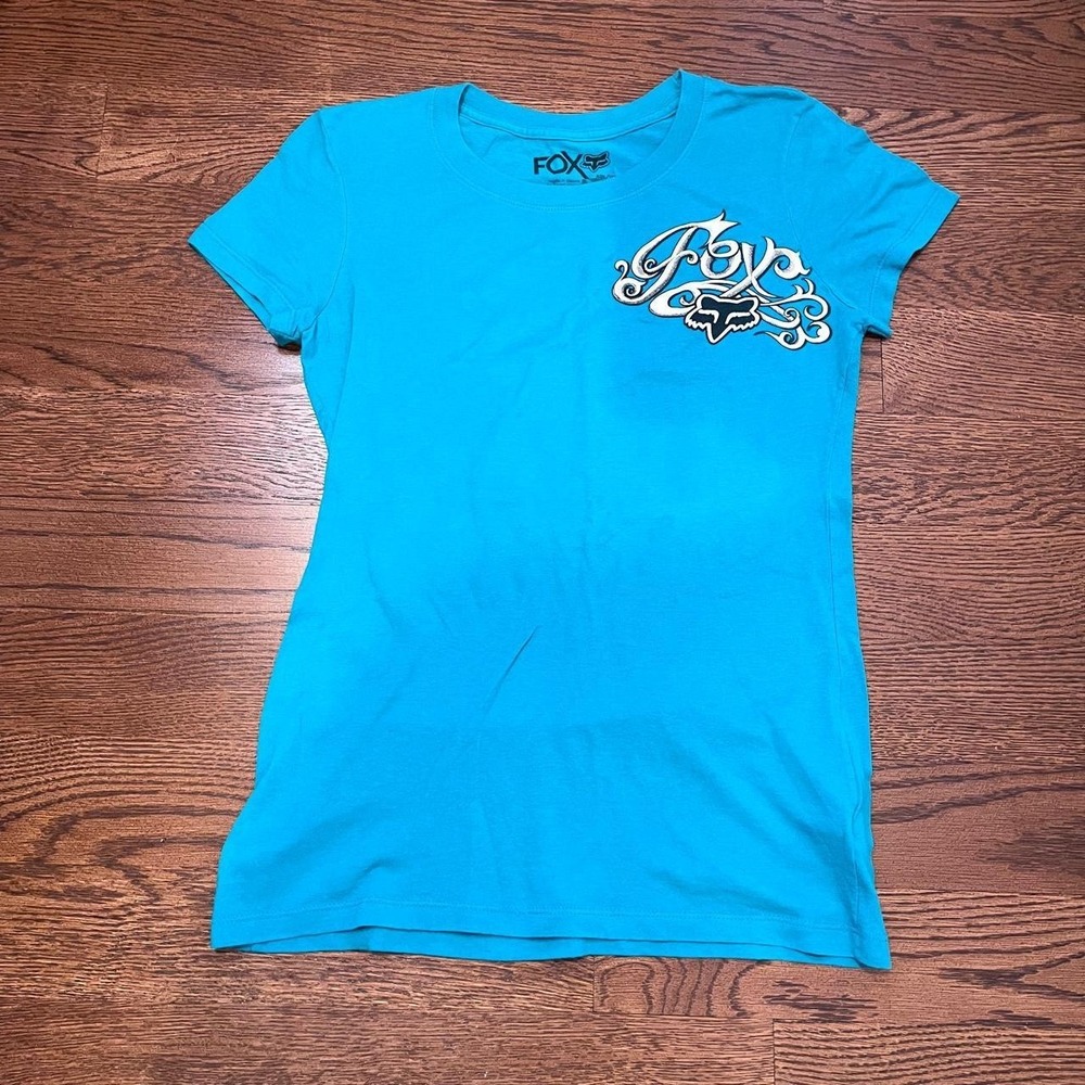 y2k fox racing teal blue graphic top small